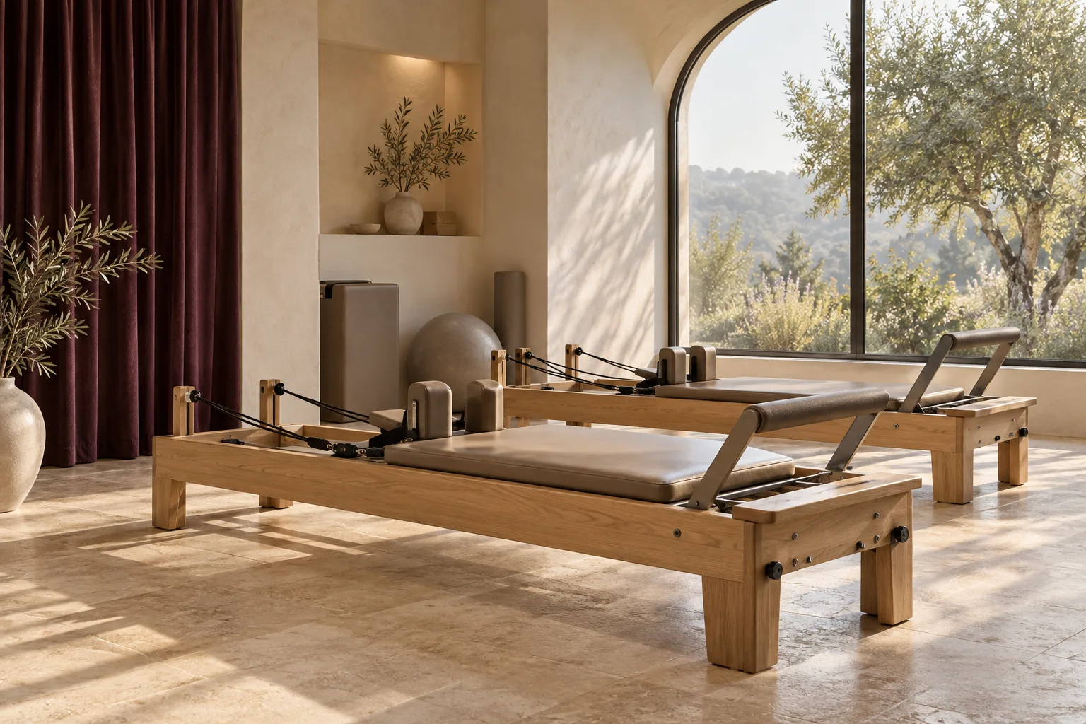 Conceito de estúdio de Pilates com equipamentos de madeira e luz natural